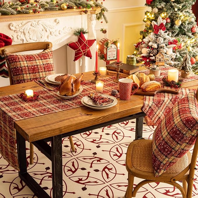 Red Plaid Snowflake Christmas Table Runner, Winter Holiday Table Runners 108 - Image 7