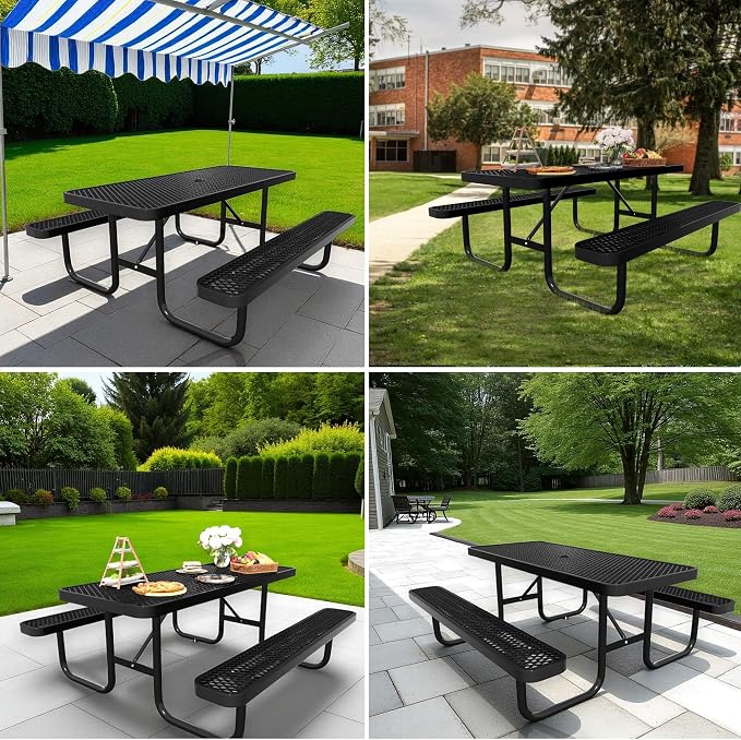 6FT Rectangular Steel Outdoor Picnic Table, Commercial Black Picnic Table Bench - Image 4