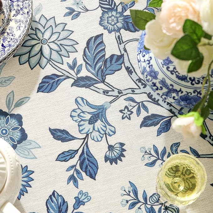 Vintage Blue and White Rectangle Tablecloth, French Linen Floral Wrinkle Free - Image 5