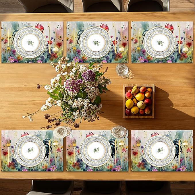6 Pcs Placemats, Chicken Placemat, Flower Field Table Mats Washable Recyclable - Image 7