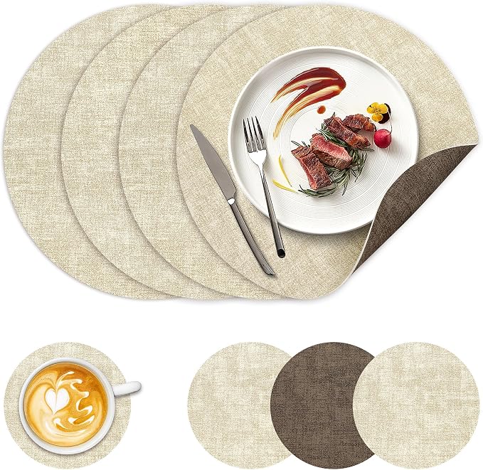 13" Round Placemats Set of 4, NCUE Dual-Sided Faux Leather Heat Resistant Table by NCUE