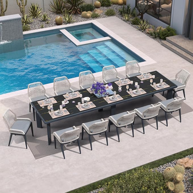 PURPLE LEAF 13 Pieces Patio Dining Set Aluminum Rectangular Table and Wicker by PURPLELEAF