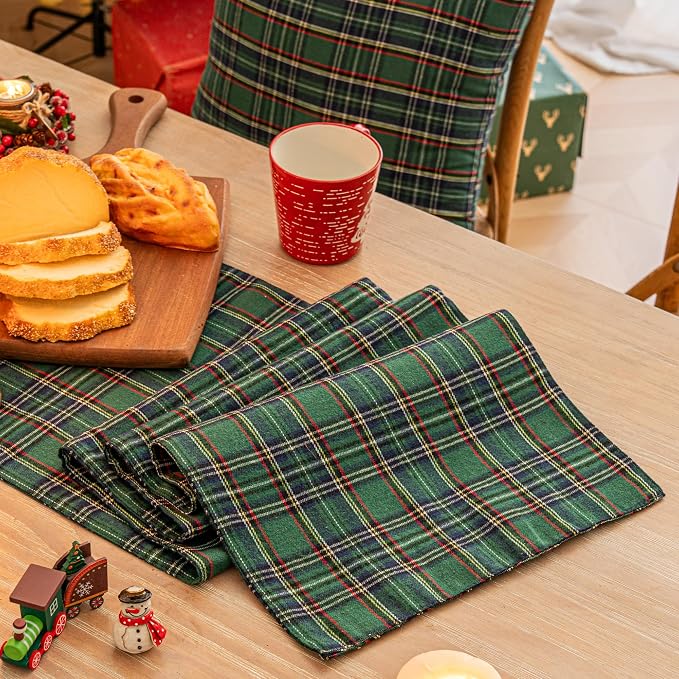 Green Blue Plaid Christmas Table Runner, Winter Holiday Table Runners 108 - Image 2