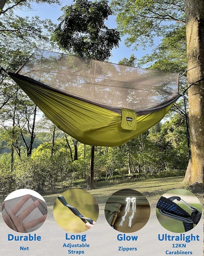 Camping Hammock with Rain Fly and Bug Net, Green/Grey, 118 x 78 in