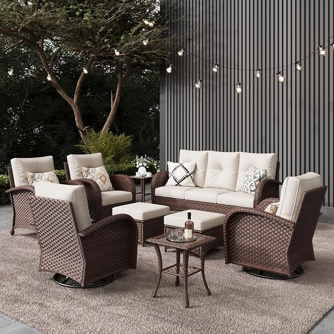LayinSun 9 Pieces Outdoor Patio Furniture Set, Rattan Wicker Sectional Swivel by LayinSun