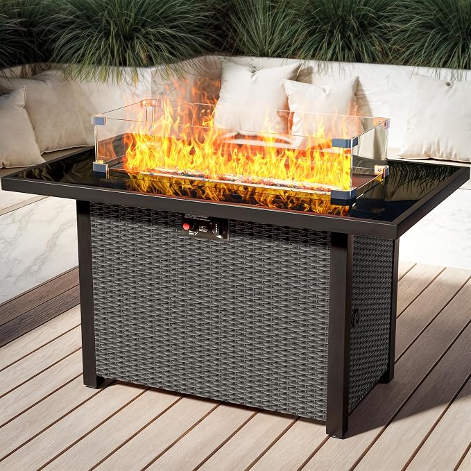 Propane Outdoor Fire Pit Table, Outdoor Gas FirePit W/Glass Wind Guard by Olimix