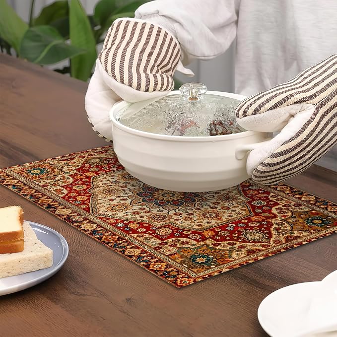 Boho Ethnic Placemats Set of 6, Retro Flower Placemats Washable Kitchen Dining - Image 4