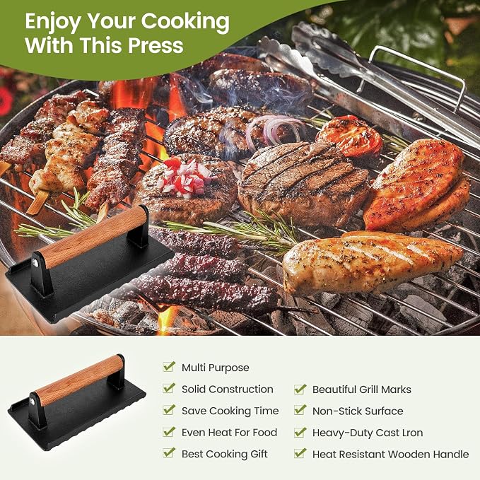 Burger Press, 8.3”X4.3”Rectangle Heavy-Duty Cast Iron Smash Burger Press - Image 3