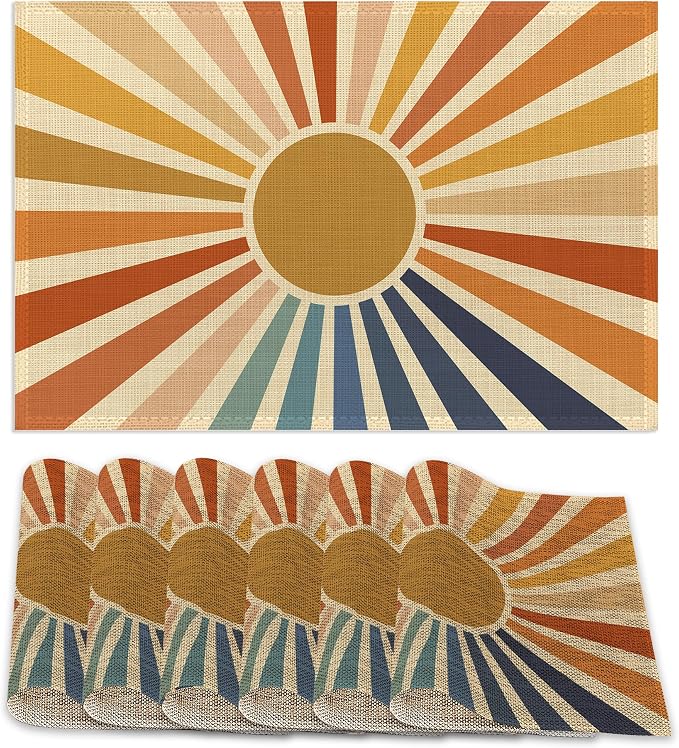 Placemats Set of 6, Vintage Boho Sun Table Mats, Sunrise Sunshine Washable by ZTHLL