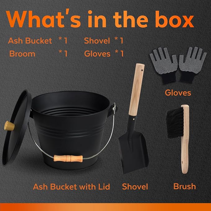 Small Ash Bucket with Lid and Shovel, Metal Fireplace Ash Bucket with Broom - Image 3