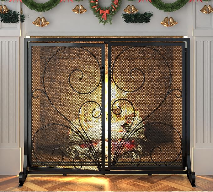 Flat Fireplace Screen with Doors, Solid Wrought Iron Frame with Metal Mesh - Image 7