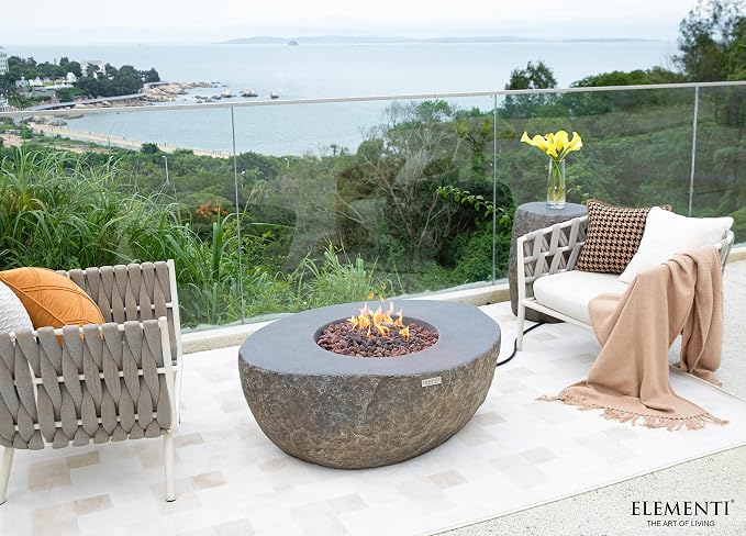 Elementi | Boulder Gas Fire Pit Cast Concrete Semi-Round Fire Table, Outdoor - Image 4