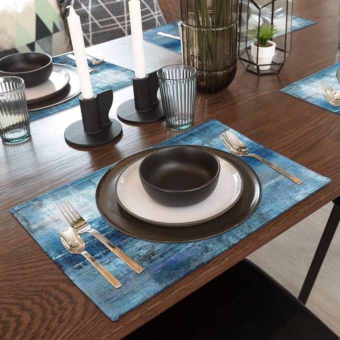 Modern Art Placemats Set of 4 Blue and Grey Abstract Painting Place Mats - Image 7