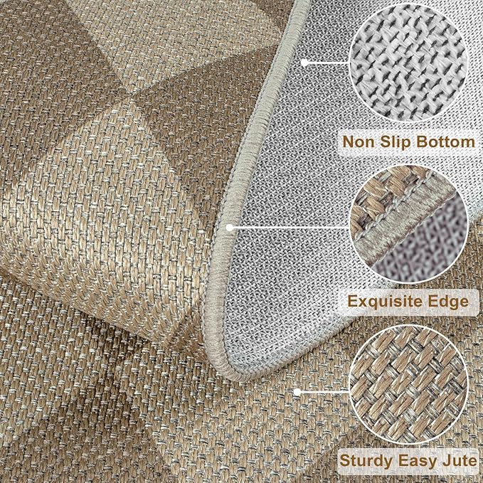Easy Jute Brown Checkered 5x7 Area Rug, Washable Modern Rugs - Image 2