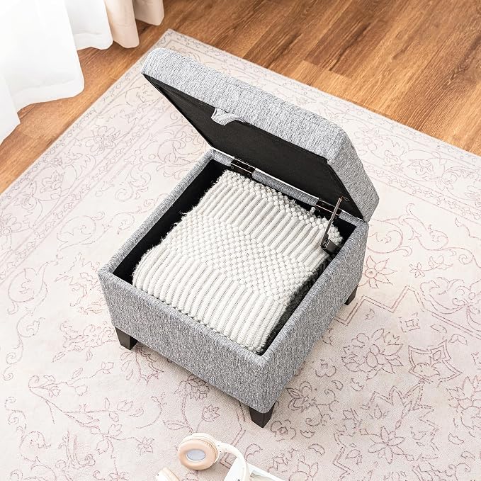 Adeco 17" Square Ottoman with Storage, Small Grey Storage Ottoman Foot Rest - Image 5
