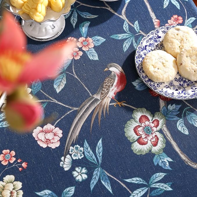 patdrea Designer Dark Blue Linen Round Tablecloth, Vintage Navy French Floral - Image 3