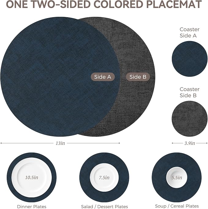 13" Round Placemats Set of 6, NCUE Dual-Sided Faux Leather Heat Resistant Table - Image 4