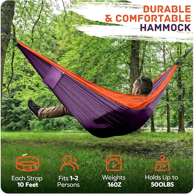 Double Camping Hammock, Nylon, 600 lb Capacity, 106 x 55 Inch