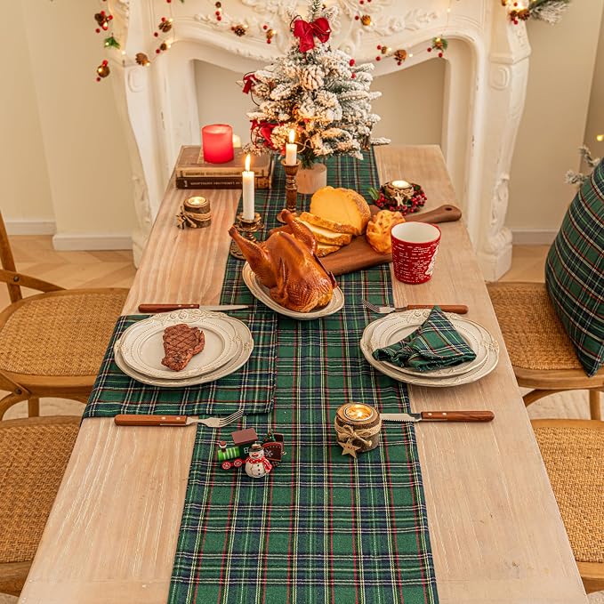 Green Blue Plaid Christmas Table Runner, Winter Holiday Table Runners 72 inches - Image 4