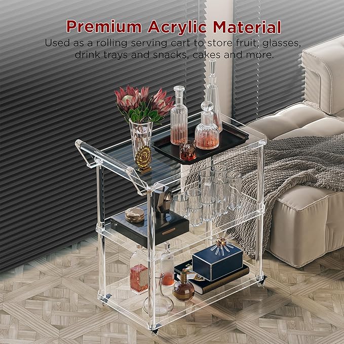 Dethan Acrylic Bar Cart with Lockable Wheels, Rolling Serving Cart with Pulling - Image 4