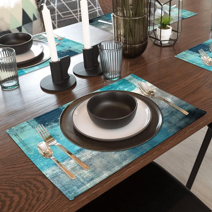 Modern Art Placemats Set of 4 Turquoise Abstract Painting Place Mats Washable - Image 7