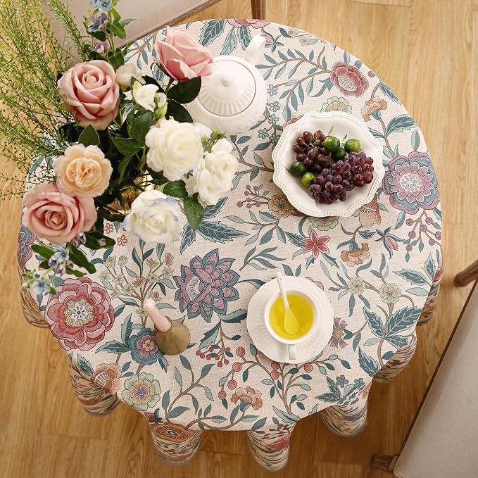 Designer Vintage Linen Round Tablecloth, French Rustic Floral Table Cloth - Image 3