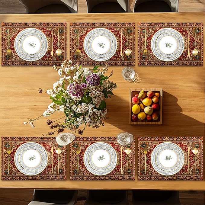 Boho Ethnic Placemats Set of 6, Retro Flower Placemats Washable Kitchen Dining - Image 7