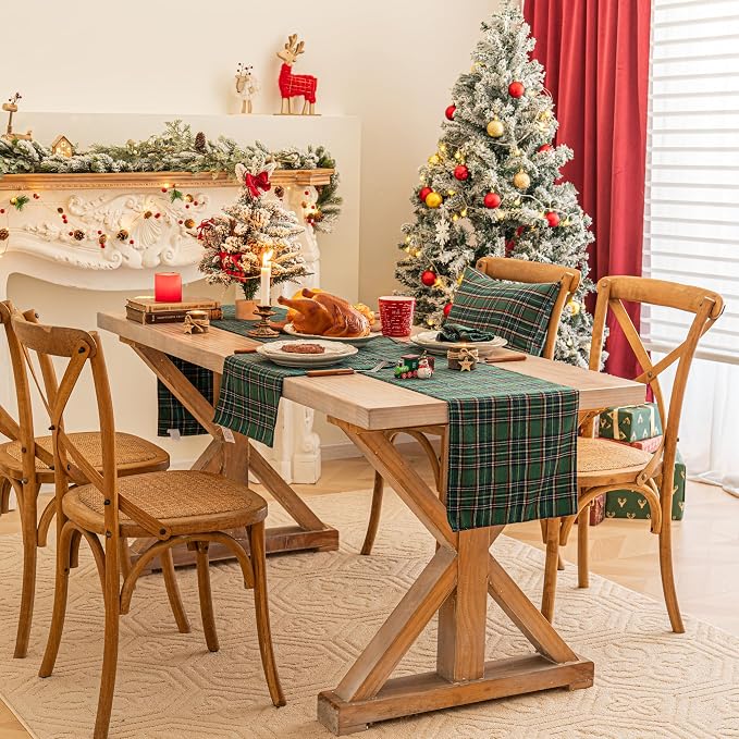 Green Blue Plaid Christmas Table Runner, Winter Holiday Table Runners 108 - Image 7