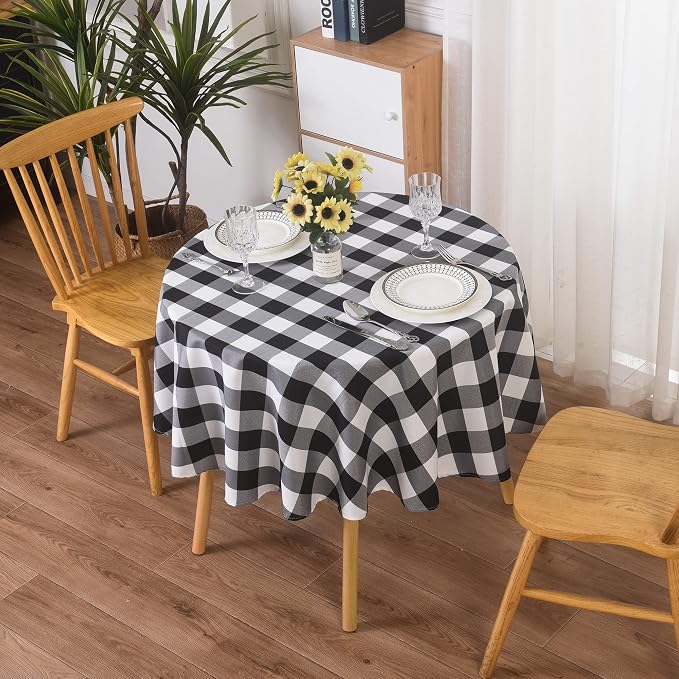 Cupuamon 2 Pack Waterproof Polyester Fabic Round Checkered Tablecloth，60 by Cupuamon