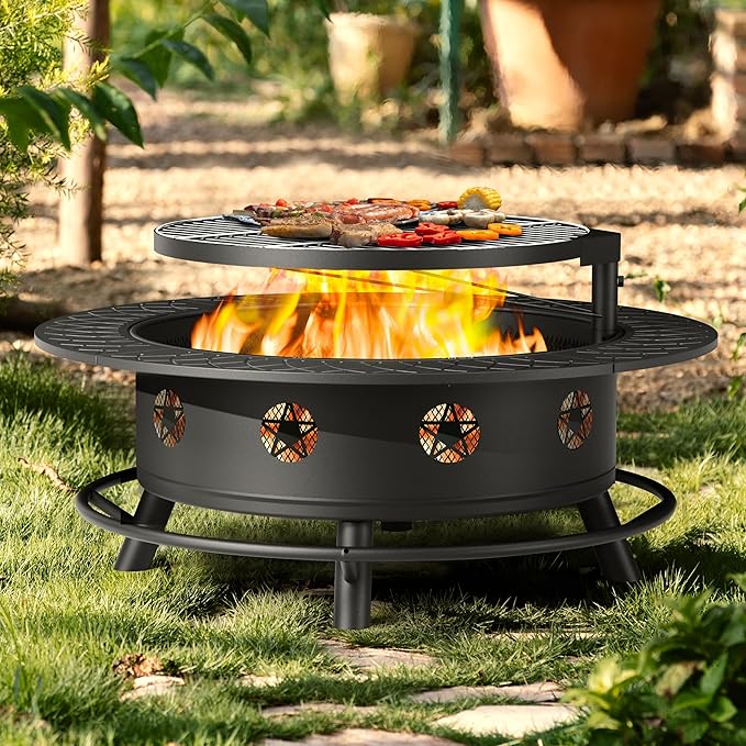 43 Inch Fire Pit with BBQ Grill, Wood Burning Fire Pits by SUNOUTLY