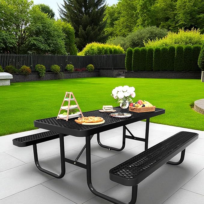 6FT Rectangular Steel Outdoor Picnic Table, Commercial Black Picnic Table Bench - Image 5