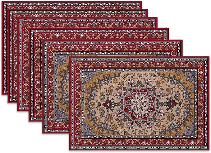 Ethnic Boho Linen Placemats Set of 6, 12x18 Inch Vintage Bohemian Washable by SNOWMOLLE