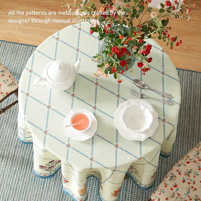 ISAENNE Designer Linen Floral Round Tablecloth, Light Green Farmhouse Durable - Image 6