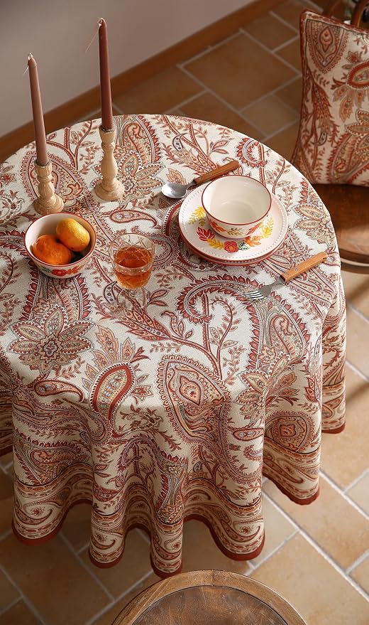 ISAENNE Designer French Red Round Tablecloth, Fall Linen Table Cloth - Image 6