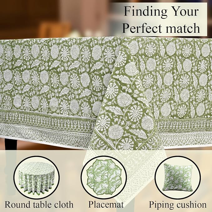 CPC Olive Bloom Tablecloth 100% Cotton 60x60 Inch Indian Block Print Rectangle - Image 8
