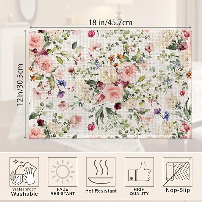 Spring Flower Placemats Set of 6, Waterproof Non-Slip Washable Table Mats Set - Image 2
