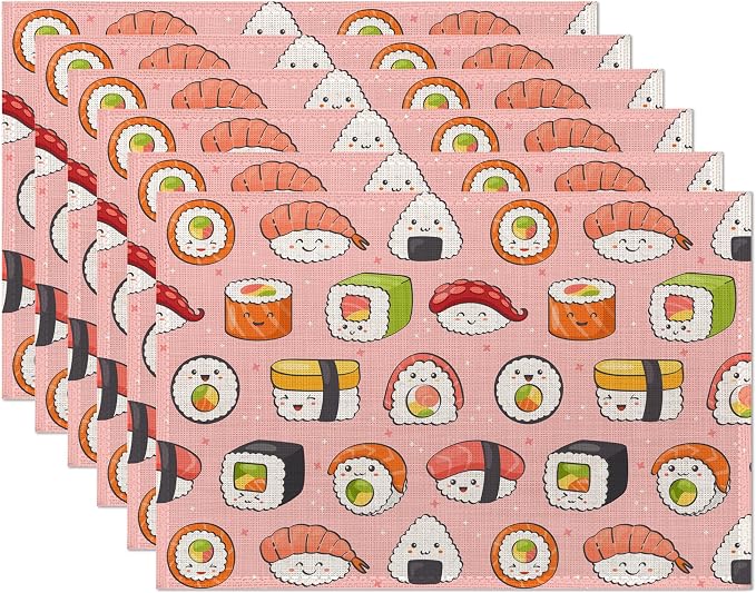 Japanese Style Cute Pink Sushi Rolls Placemats Set of 6, Waterproof Non-Slip by CIAIDU