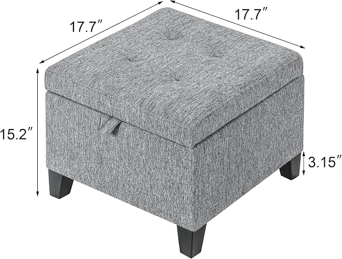 Adeco 17" Square Ottoman with Storage, Small Grey Storage Ottoman Foot Rest - Image 3