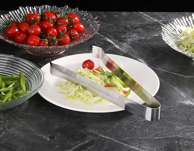 Serving Tongs, Stainless Steel with Serrated Tips, Satin Silver, 9 Inch