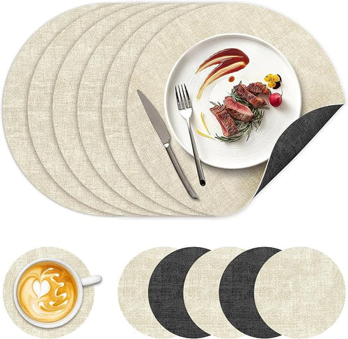 13" Round Placemats Set of 6, NCUE Dual-Sided Faux Leather Heat Resistant Table by NCUE