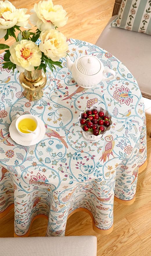 patdrea Designer Yellow French Round Tablecloth, Rustic Linen Floral Birds - Image 5