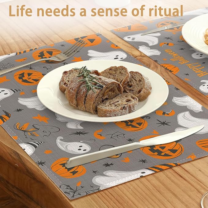 Placemats Set of 6, Pumpking Ghost Table Mats, Halloween Washable Linen Table - Image 2