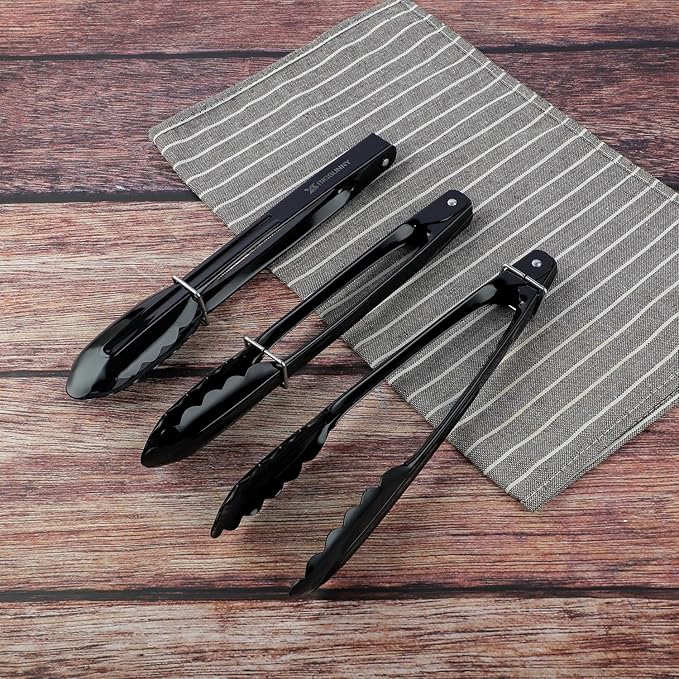Aluminum Food Tongs, 9 Inch Black 3-Pack with Scalloped Tips