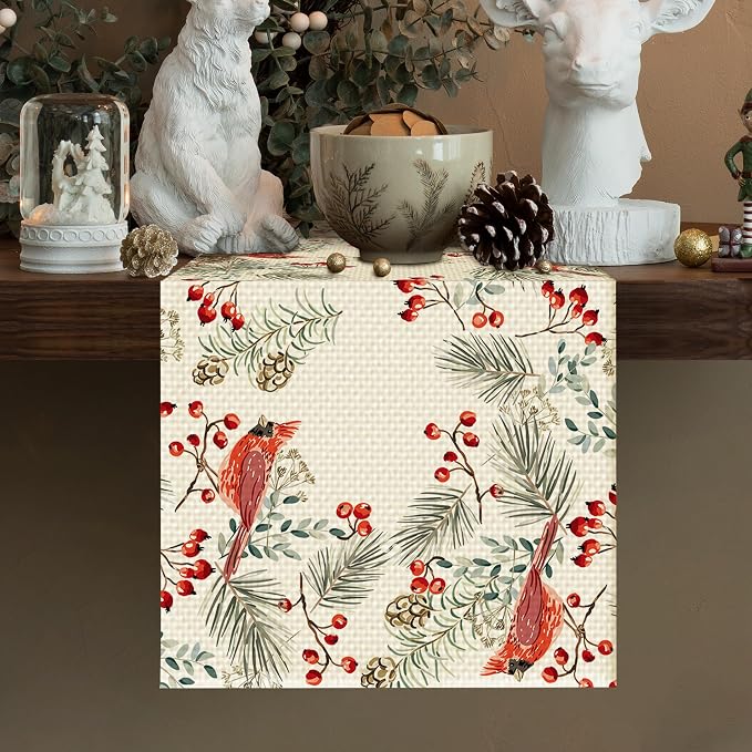 Christmas Bird Burlap Table Runner Seasonal Spring Fall Kitchen Dining Linen - Image 2