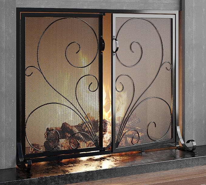 Flat Fireplace Screen with Doors, Solid Wrought Iron Frame with Metal Mesh - Image 5