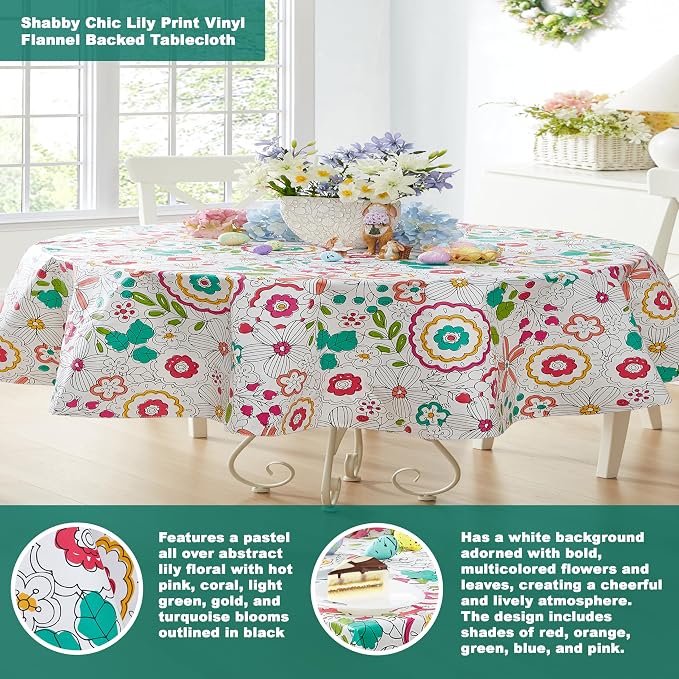 Newbridge Shabby Chic Lily Print 60 x 84 Inch Oval Vinyl Flannel Backed - Image 2