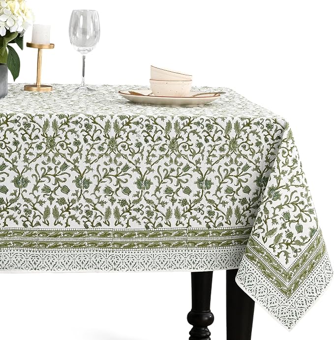CPC Meadow Vine Tablecloth 100% Cotton 70x118 Inch Indian Block Print Rectangle by COTTONPRINTCLUB