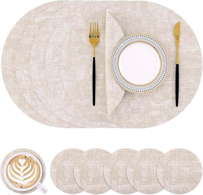 Homaxy Round Faux Leather Placemats and Coasters, Washable Dual-Side Table Mats by Homaxy
