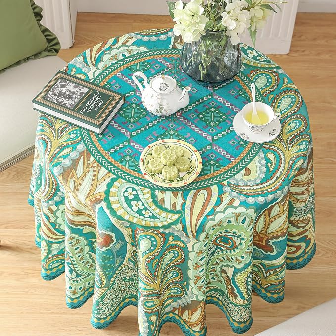 Linen 55 Inch Round Tablecloth, Wrinkle Resistant French Green Tablecloth Print - Image 3