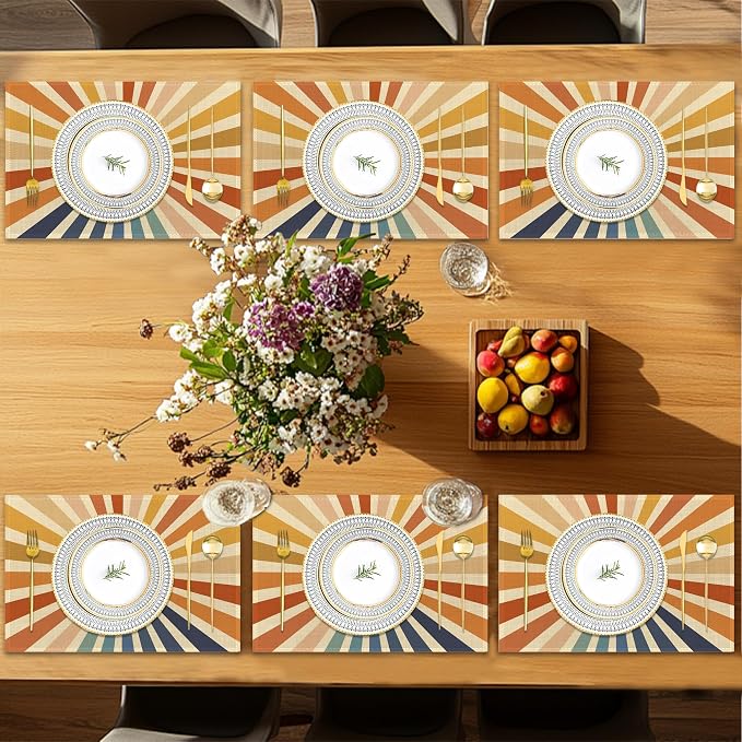 Placemats Set of 6, Vintage Boho Sun Table Mats, Sunrise Sunshine Washable - Image 7